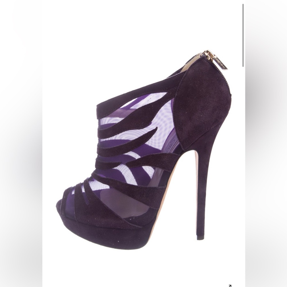 EUC JIMMY CHOO Plum suede Jimmy Choo peep-toe booties with mesh trim, zip back.